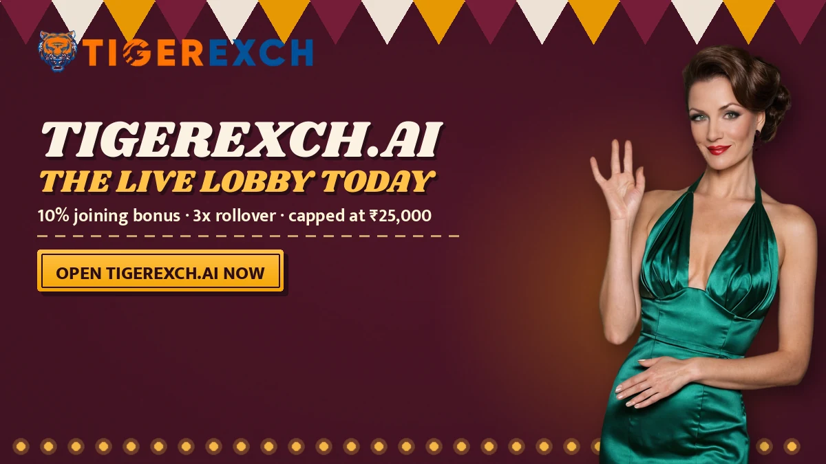 Tigerexch.Ai the live lobby today poster with the line 10% joining bonus · 3x rollover · capped at ₹25,000 and a open tigerexch.ai now ribbon, bunting big-top backdrop