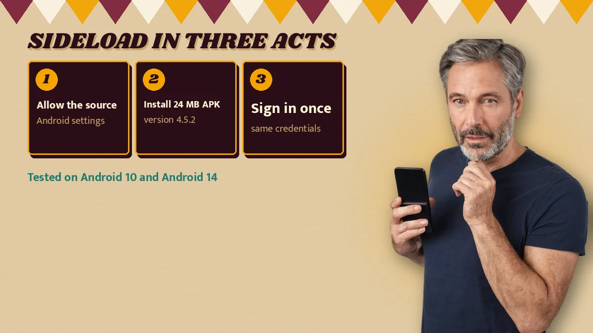 Sideload in three acts poster listing Allow the source (Android settings), Install 24 MB APK (version 4.5.2), Sign in once (same credentials), footnote Tested on Android