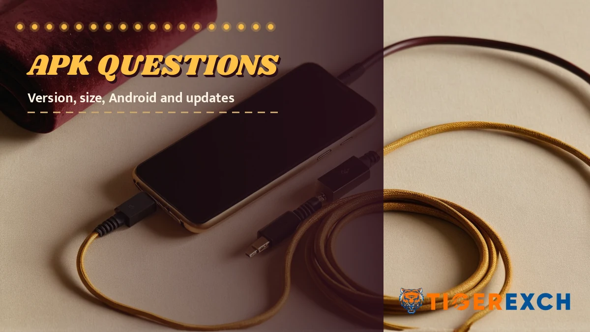 Apk questions poster, version, size, android and updates, over a still life of a black smartphone on cream canvas beside a coiled saffron charging cable and a brass dock