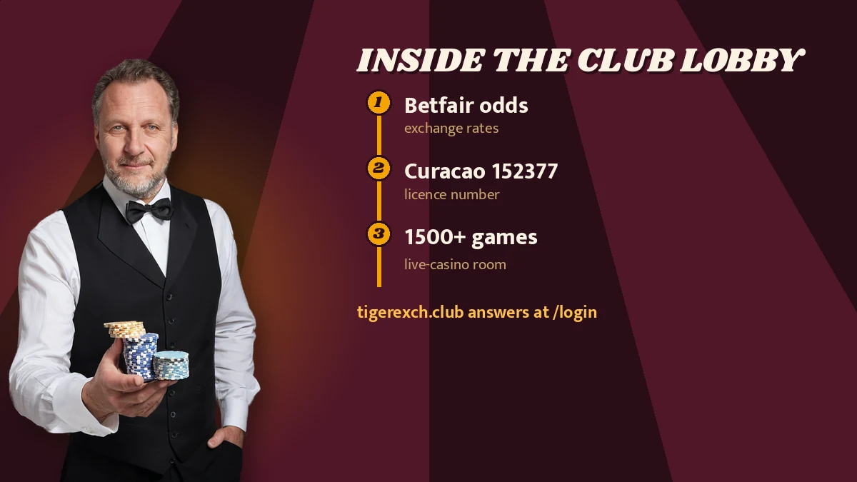 Inside the club lobby poster listing Betfair odds (exchange rates), Curacao 152377 (licence number), 1500+ games (live-casino room), footnote tigerexch.club answers at