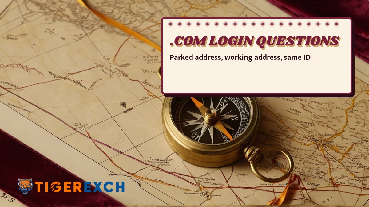 .com login questions poster, parked address, working address, same id, over a still life of a brass compass on a cream map sheet with maroon and saffron route ribbons