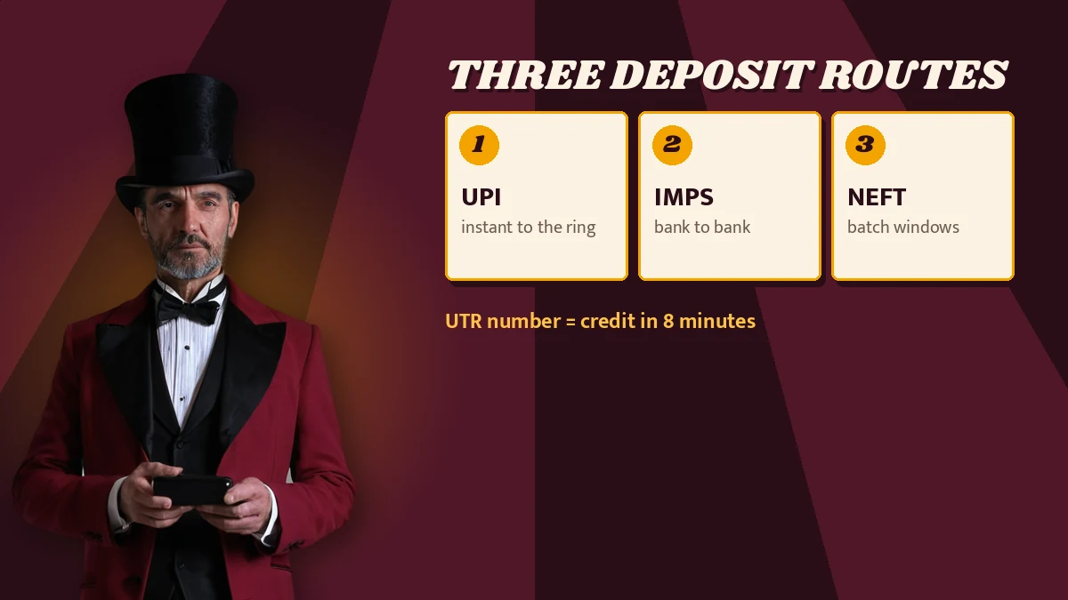 Three deposit routes poster listing UPI (instant to the ring), IMPS (bank to bank), NEFT (batch windows), footnote UTR number = credit in 8 minutes, ringmaster: man in a