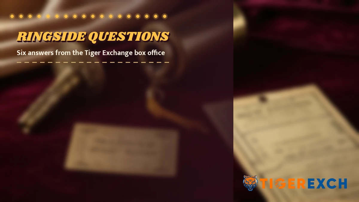 Ringside questions poster, six answers from the tiger exchange box office, over a still life of a brass ringmaster whistle and a cream admission ticket resting on a