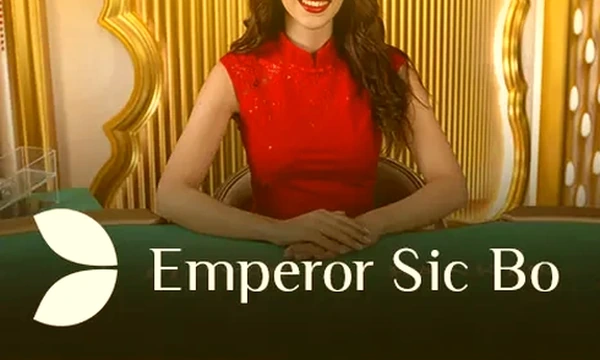 Emperor Sic Bo Evolution card with a dealer at a green table and the lotus mark, saffron tint