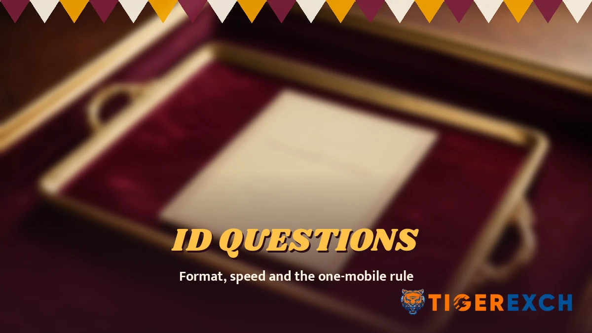 Id questions poster, format, speed and the one-mobile rule, over a still life of a blank cream membership card with a brass corner on a maroon velvet tray with saffron