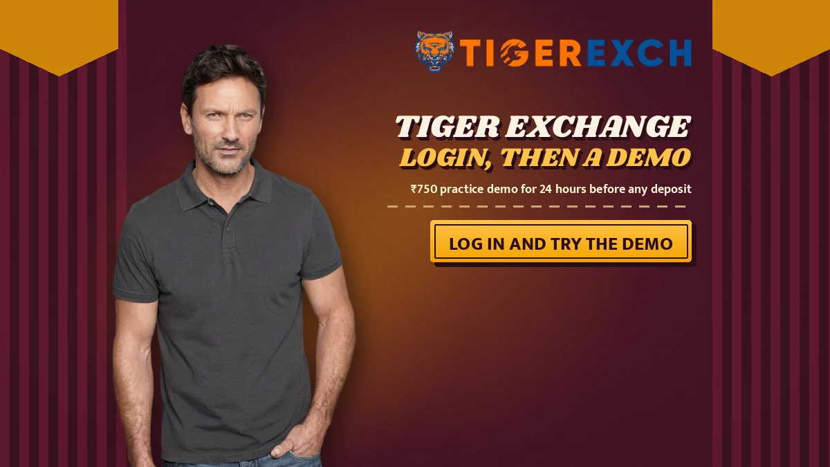 Tiger Exchange login, then a demo poster with the line ₹750 practice demo for 24 hours before any deposit and a log in and try the demo ribbon, curtain big-top backdrop