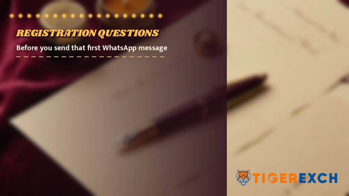 Registration questions poster, before you send that first whatsapp message, over a still life of a fountain pen resting on a blank cream form beside a brass hand stamp