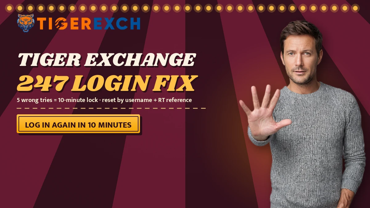 Tiger Exchange 247 login fix poster with the line 5 wrong tries = 10-minute lock · reset by username + RT reference and a log in again in 10 minutes ribbon, canopy