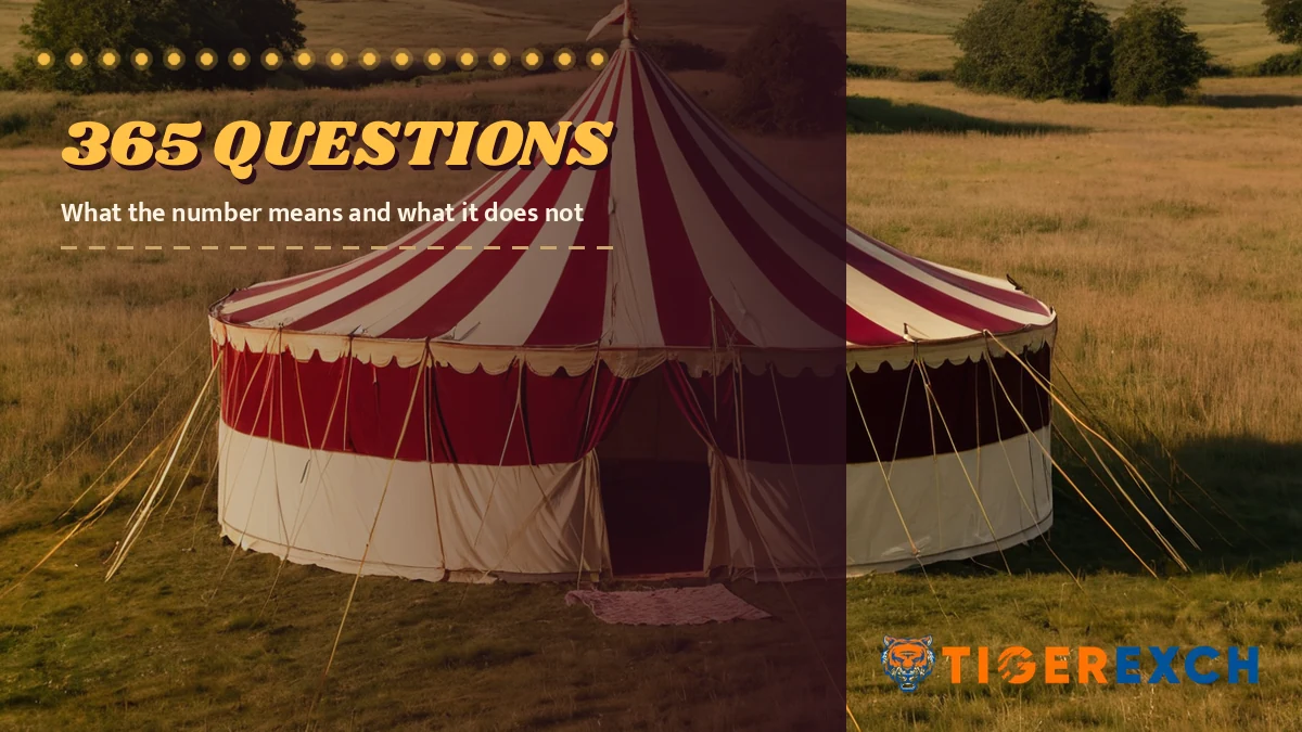 365 questions poster, what the number means and what it does not, over a still life of a red and cream striped circus big top tent in a meadow at golden hour with