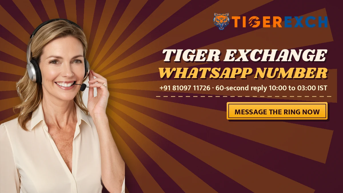 Tiger Exchange whatsapp number poster with the line +91 81097 11726 · 60-second reply 10:00 to 03:00 IST and a message the ring now ribbon, spotlight big-top backdrop