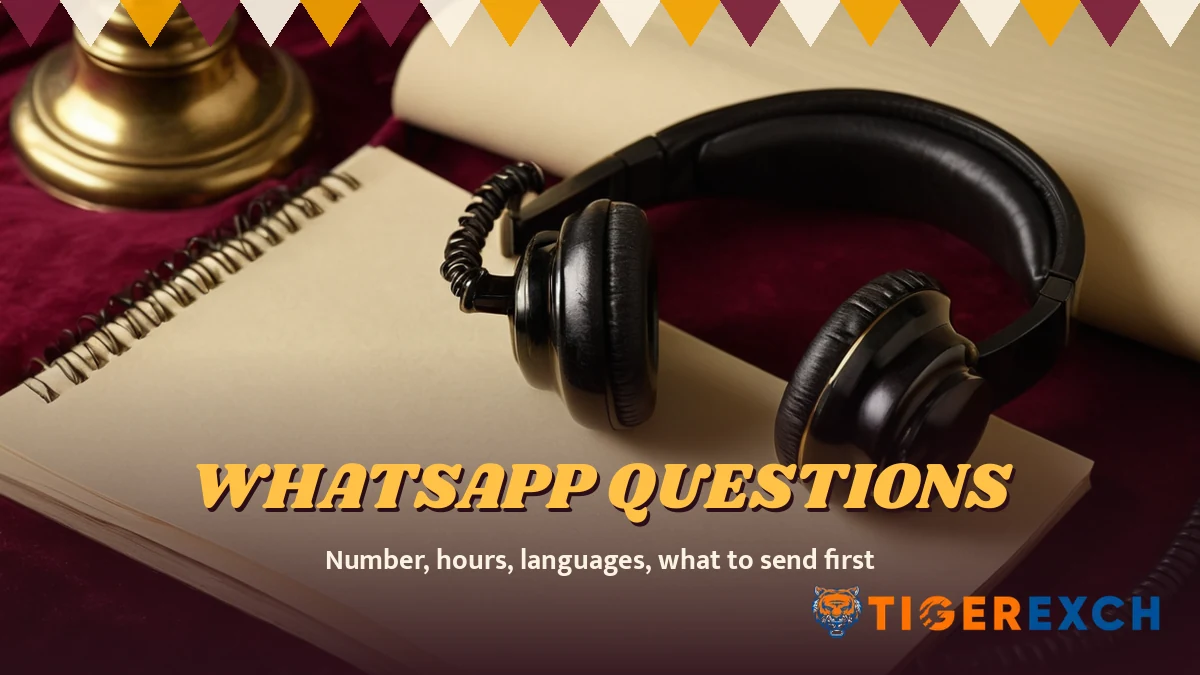 Whatsapp questions poster, number, hours, languages, what to send first, over a still life of a black telephone headset on a cream notepad beside a brass bell on maroon